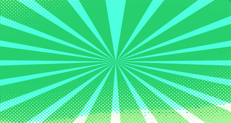 Vintage colorful comic book background. Green blank bubbles of different shapes. Rays, radial, halftone, dotted effects. For sale banner for your designe 1960s. Copy space vector eps10.