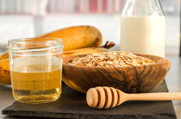 oats,banana,milk preparing breakfast
