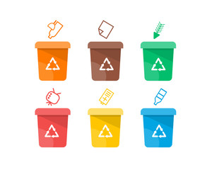 Collection of colorful separation recycle bin icon.Organic,batteries,metal,plastic,paper,glass,waste,light bulb,aluminium,food,can,bottle.Bin vector,recycle bin.Vector illustration