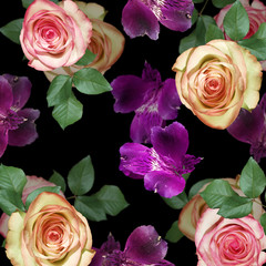 Beautiful floral background of alstroemerias and roses. Isolated