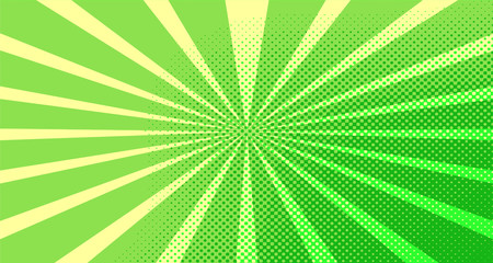 Vintage colorful comic book background. Green blank bubbles of different shapes. Rays, radial, halftone, dotted effects. For sale banner for your designe 1960s. Copy space vector eps10.