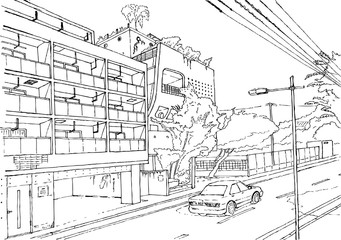 Tokio cityscape vector illustration Tokyo street, graphic vector illustration, japan manga style background line drawing art