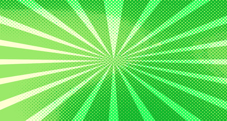 Vintage colorful comic book background. Green blank bubbles of different shapes. Rays, radial, halftone, dotted effects. For sale banner for your designe 1960s. Copy space vector eps10.