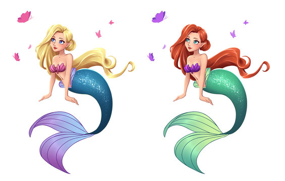 Two cute mermaids. Sitting pose. Hand drawn cartoon illustration. Isolated on white.