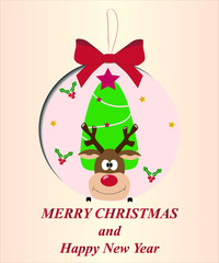  Christmas card with christmas ball. Ball with Christmas tree and deer