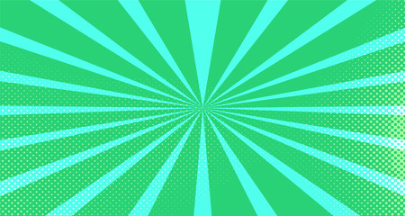 Vintage colorful comic book background. Green blank bubbles of different shapes. Rays, radial, halftone, dotted effects. For sale banner for your designe 1960s. Copy space vector eps10.