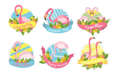 Flamingo and Tropical Flora Vector Compositions Set