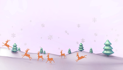 Fototapeta premium Christmas New Year and Snow Man Concept Creative christmas tree and reindeer with greeting cards and Background Xmas design on purple pastel background - 3d rendering