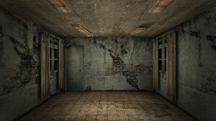Fototapeta na wymiar The interior design of horror and creepy damage empty room., 3D rendering.