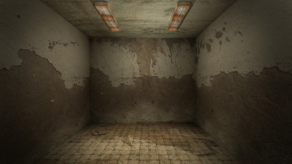 The interior design of horror and creepy damage empty room., 3D rendering.