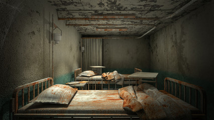 horror and creepy ward room in the hospital with blood .3D rendering