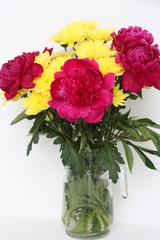 Yellow chrysanthemums and burgundy peonies in a vase. Bouquet on the table