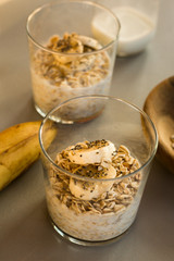 oatmeal in a glass with banana and chia