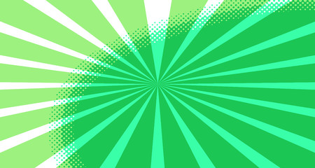 Vintage colorful comic book background. Green blank bubbles of different shapes. Rays, radial, halftone, dotted effects. For sale banner for your designe 1960s. Copy space vector eps10.