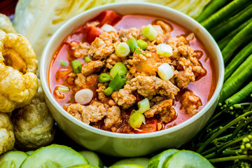 Thai northern style  pork and tomato relish or Nam-Prik-Ong with vegetables