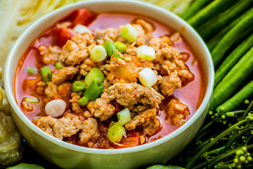 Thai northern style  pork and tomato relish or Nam-Prik-Ong with vegetables