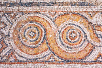 Wall murals Mosaic Turkey, Aegean region, Izmir province. Ruins of ancient Greek city Ephesus (Efes). Antique mosaic on floor, destroyed buildings.  Detail of geometric mosaic. Famous open-air museum.