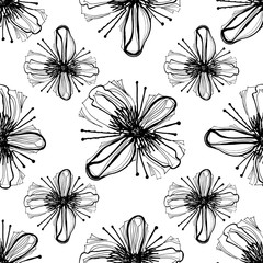 Seamless pattern black and white. Brush stroke outline graphics isolated on white background. Stock vector illustration.