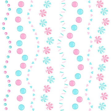 Rose and blue sweet Sprinkles swirled ribbins seamless wave pattern. pearl sugar