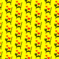 Cute seamless pattern with hearts and cats. Romantic texture for backgrounds, wrapping paper, packaging, greeting cards, prints, covers, fabric, textile, birthday, Valentine's Day