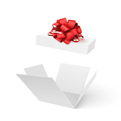 Open gift box with bow isolated. 3d vector illustration.