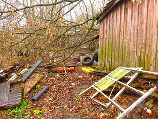 garbage in the autumn at the abandoned house, things are lying around