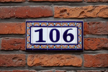 number 106 tile on brick wall