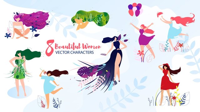Beautiful Women Characters Trendy Flat Vector Set