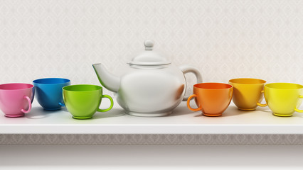 Vibrant colored tea set standing on the shelf. 3D illustration