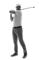 Black and white portrait of handsome male golfer isolated on white