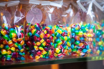 colorful sweet candy on display in bags in storefront
