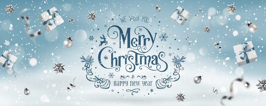 Silver Christmas and New Year Text on blue Xmas background with flying gift boxex, silver ribbon, decoration, sparkles, confetti, bokeh. Merry Christmas card. Vector Illustration, realistic vector