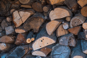 Stock of firewood for winter, wood closeup