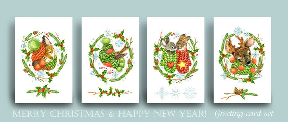 Merry Christmas Happy New Year greeting card set of festive xmas decoration. Cute holiday celebration invitation collection. Cartoon winter forest animal. reindeer watercolor illustration. © Елена Фаенкова