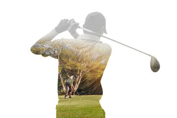 Double exposure of golf player holding club with golf course.
