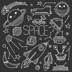 Space and cosmos, vector concept in doodle style. Hand drawn illustration for printing on T-shirts, postcards.