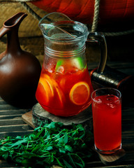 homemade ice tea with sliced fruits inside