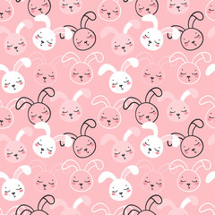 Cute Easter Bunny Heads Seamless Pattern. Little Rabbit Faces Background for Kids. Cartoon Animal Vector Illustration. Baby Shower Scandinavian Design with Sleeping Hares