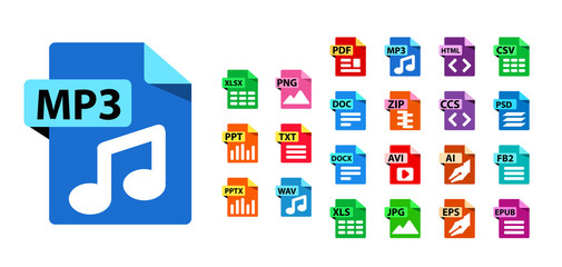 Big Collection of vector icons. File format extensions icons. MP3, PDF, SVG, DOC, JPG, PSD, FB2 EPUB flat design style