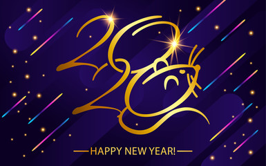 horizontal Greeting card. Golden text - 2020 happy new year. flying Rainbow particles on dark background. Modern futuristic style.