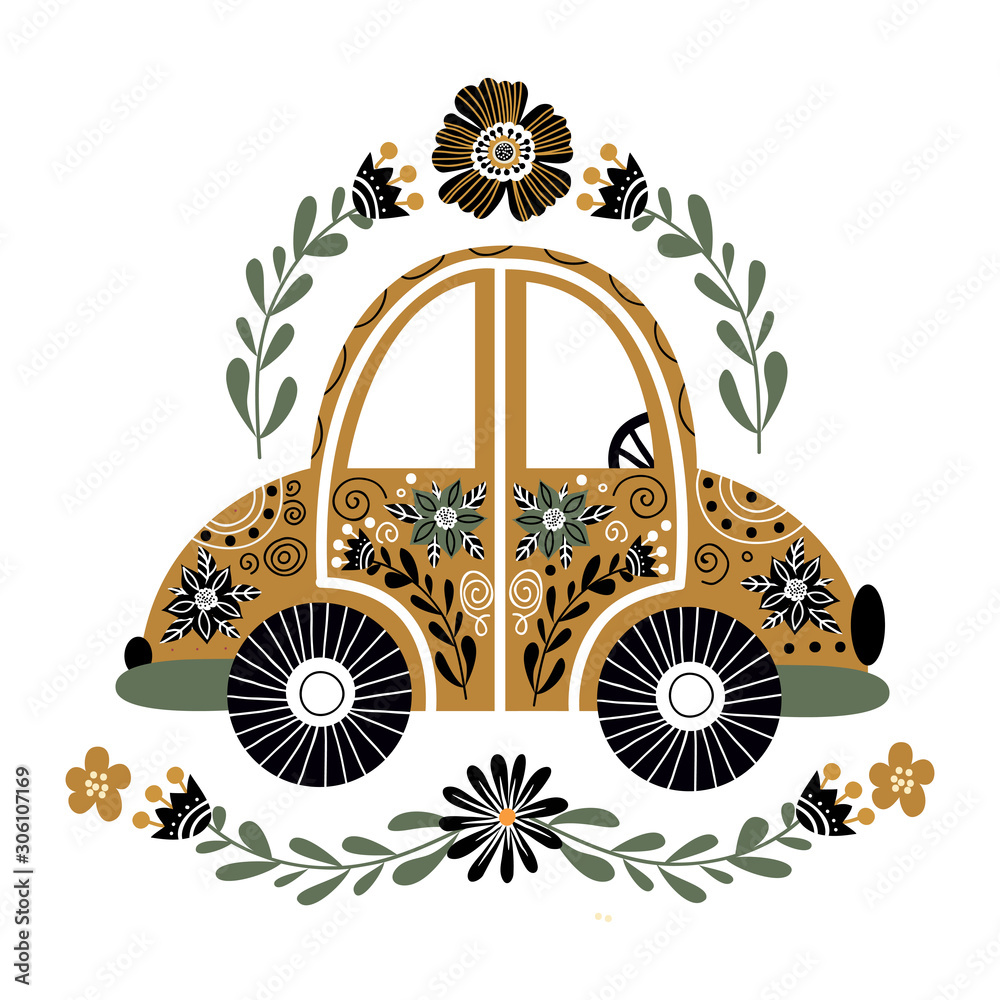 Wall mural cute folk cartoon car with a lot of floral elements and patterns. hand drawn monochrome flat doodle,