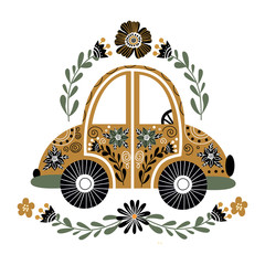 Cute folk cartoon car with a lot of floral elements and patterns. Hand drawn monochrome flat doodle, childrens vector illustration in scandinavian style for design and print.