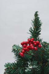 Merry christmas and a happy new year! Green Christmas tree lightly dusted with snow. Plastic Christmas tree on a light background with artificial berries and natural pine cones.