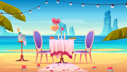 Table on beach for romantic dating with candles, champagne in bucket, heart shaped balloons and rose flower petals randomly scattered on sand at exotic seascape background. Cartoon vector illustration