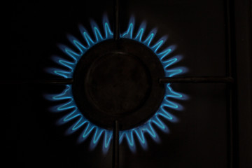 Blue fire from the kitchen stove.