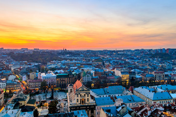 Aerial view of the old town of Lviv in Ukraine at sunset. Lvov cityscape. View from tower of Lviv town hall