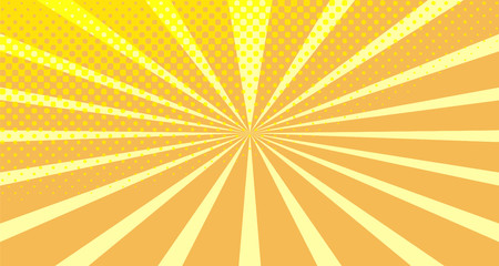 Vintage colorful comic book background. Orange blank bubbles of different shapes. Rays, radial, halftone, dotted effects. For sale banner empty Place for text 1960s. Copy space vector eps10.