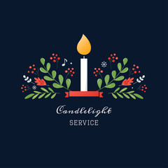 Candle and Ornaments Christmas Eve Candlelight Service Invitation. Vector Design - 306109720