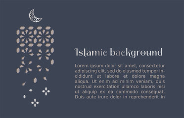 Moon and arabesque vertical decor,cut out paper. Arabic vector dark background .Geometric background pattern with mosaic and arabic tessellation.