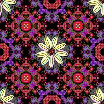 Beautiful seamless pattern with big flowers on stylized ethnic ornament. Print for fabric and textile. Lovely tablecloth.